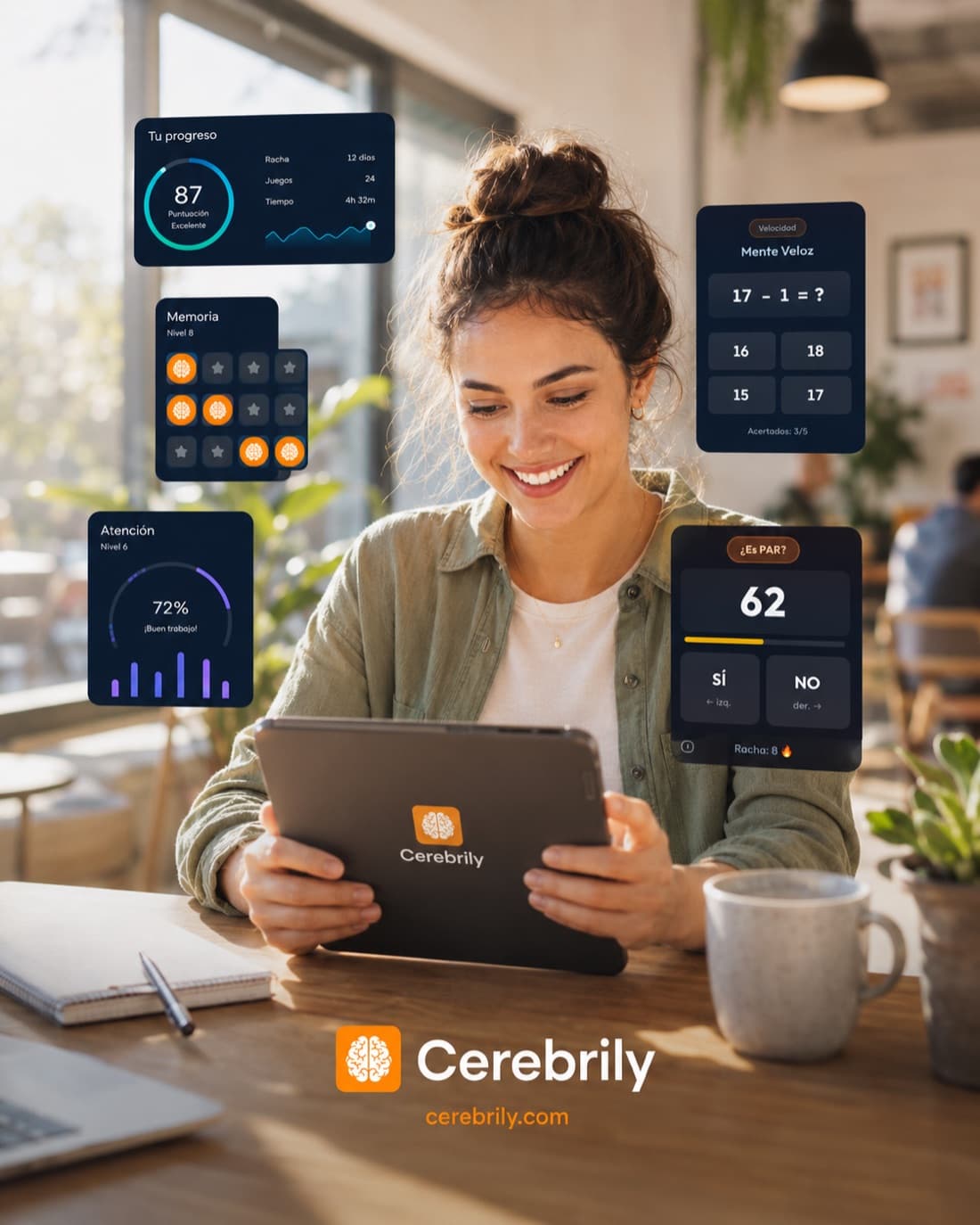 Cerebrily en acción: juegos cognitivos y panel de progreso